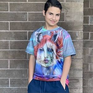 3D futurist modern graphics Shirt size M, Giraffe human face hip hop fashion